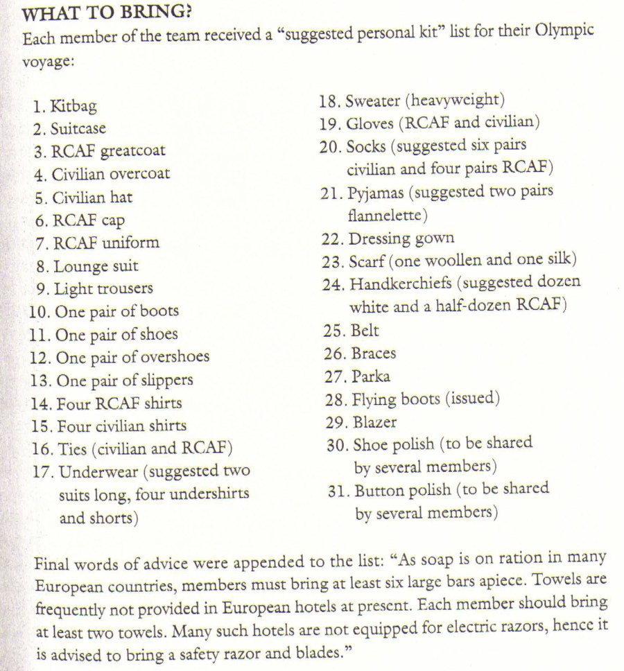Image: List given to  RCAF Flyers As To What To Bring To Europe 
