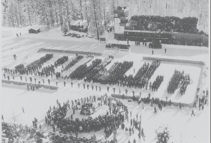 Photo: Overview of Opening Ceremony at 1948 Winter Olympics in St. Moritz