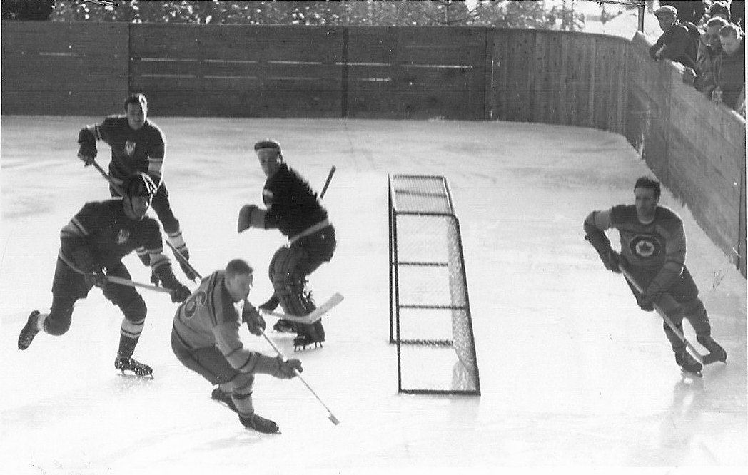 Photo:Action in Austria vs RCAF Flyers at 1948 Winter Olympics