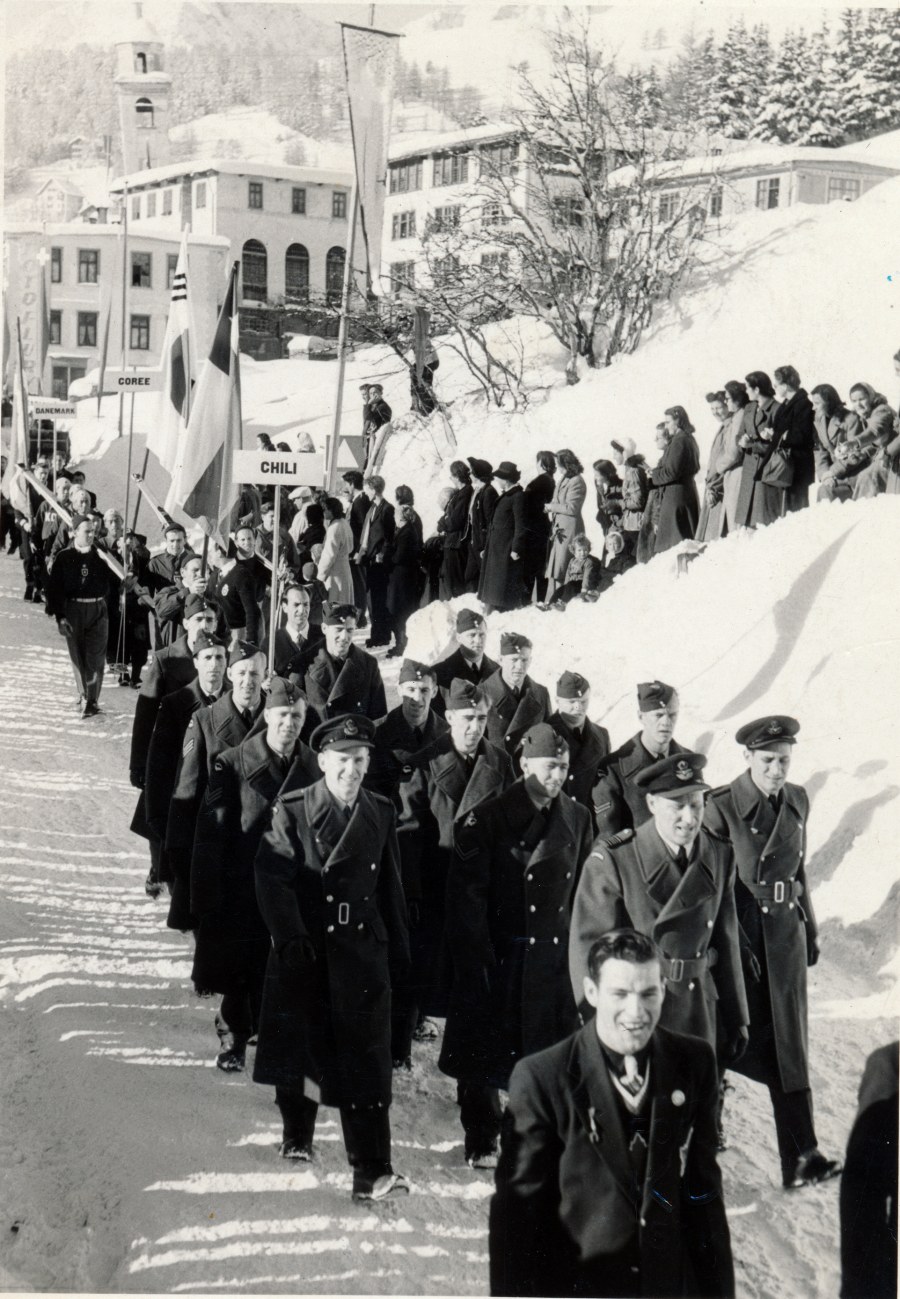 Photo: RCAF Flyers March at Opening Ceremonies 1948 Winter Olympics