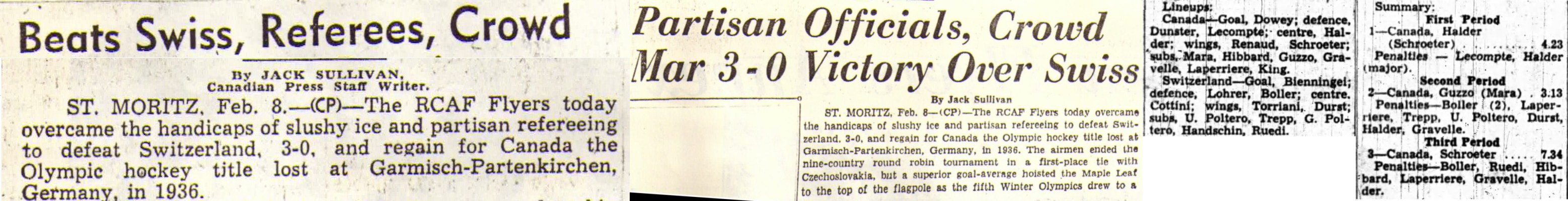 Image:  Ottawa Citizen Headlines Boxscore RCAF Flyers vs Switzerland 1948 Olympics
