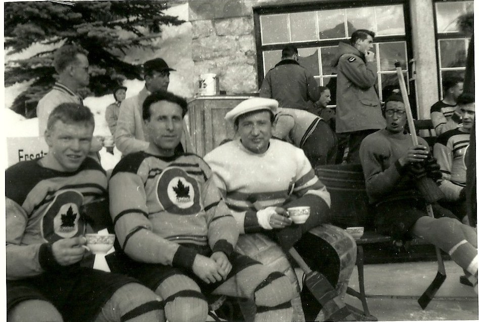 Photo: Gravelle and Guzzo with Italian Goalie prior to Canada vs. Italy match