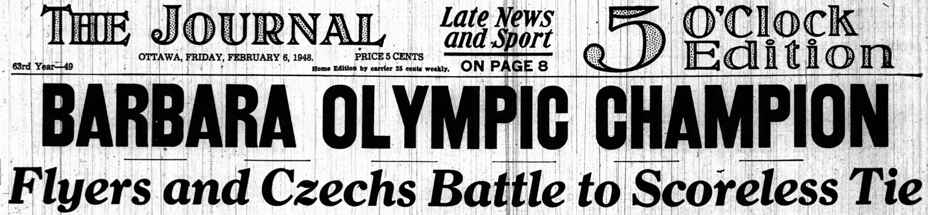 Image: Feb 6, 1948 Newspaper Headline :  Flyers and Czechs in Scoreless Tie