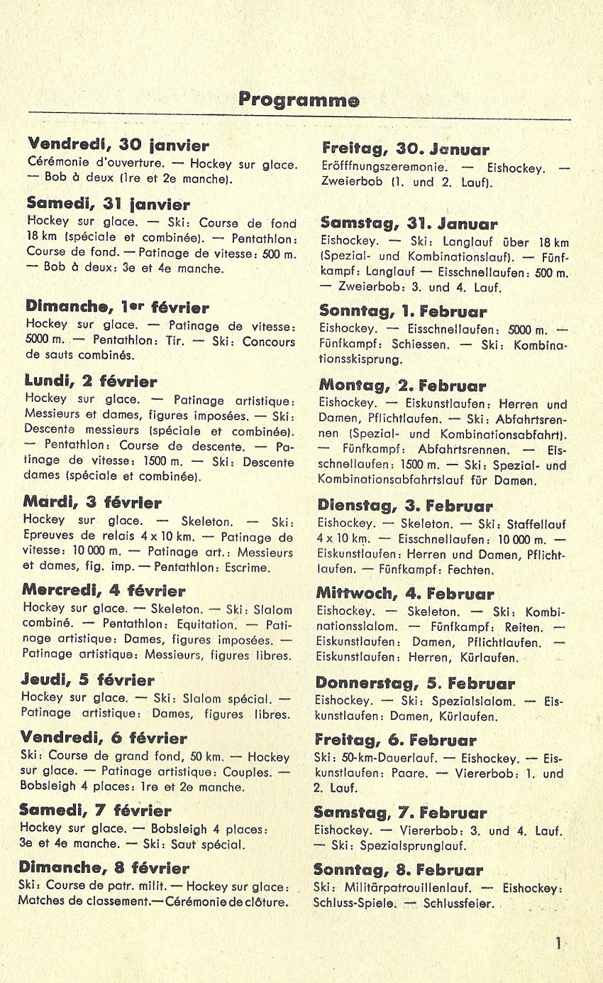 Photo: Official Program  Page 1 Schedule of Events for 1948 Winter Olympics 