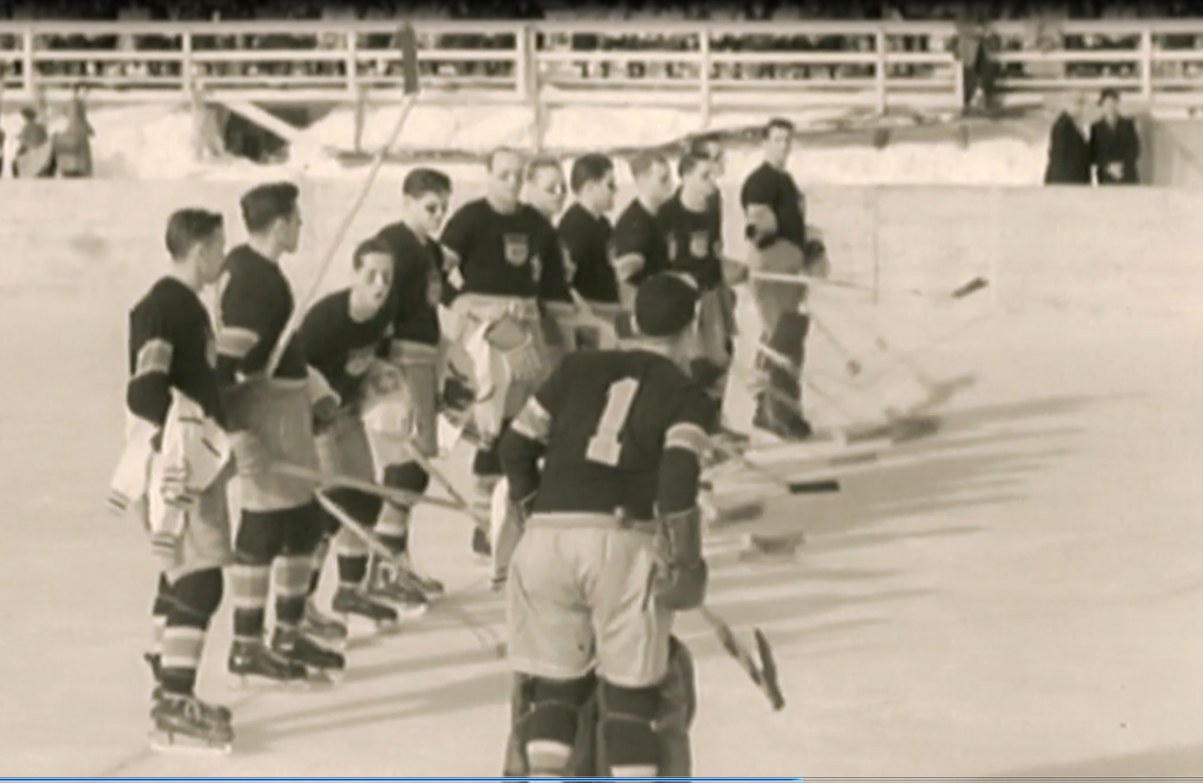 US Goalie Goodwin Harding  Introduced at 1948 Winter Olympics Canada vs USA Hockey Match
