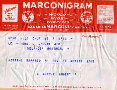 Image: Marconi Telegram announcing Hubert Brooks Wedding Date