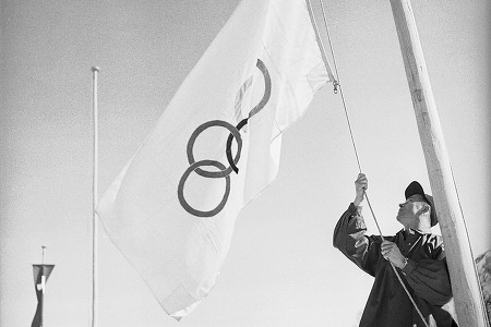 Photo: Olympic Flag Being Raised at 1948 Winter Olympics in St. Moritz